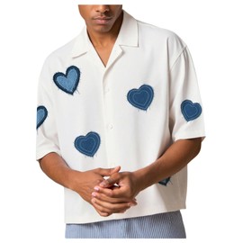 VIPWOLF Men's Floral Appliques Oversized Tshirts Half Sleeve Button Down Streetwear Tees White Heart Medium