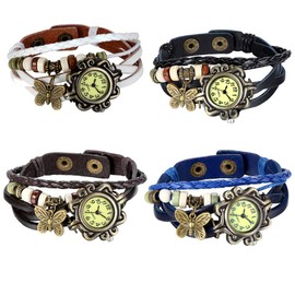 JewelryWe 5PSC New Women Wristwatch Butterfly Quartz Vintage Weave Wrap Leather Strap Lady Bracelet Watch