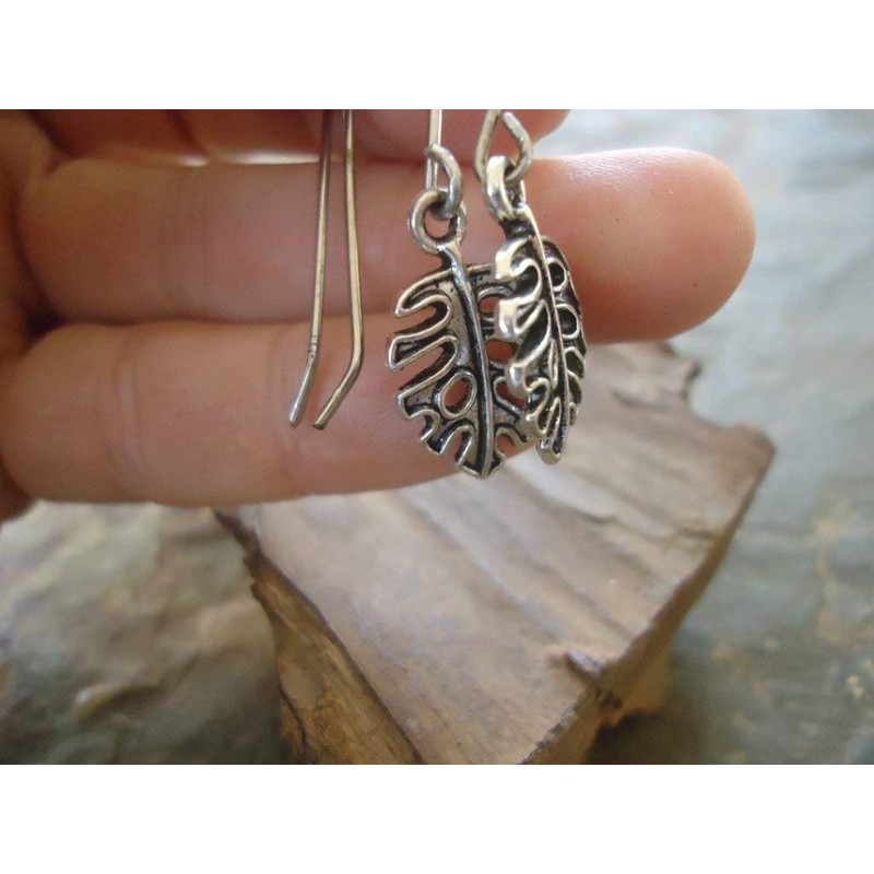 Silver leaf monstera, Monstera leaf earrings, handmade hooks