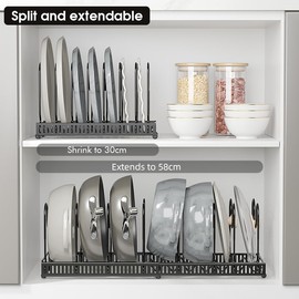 Expandable Pots and Pans Organizer Rack, Pot Lid Kitchen Cabinet Organizer Holder with 10 Adjustable Compartment, Kitchen Cabinet Organizer for Pots, Pans, Lids & Bakeware, Countertop Storage