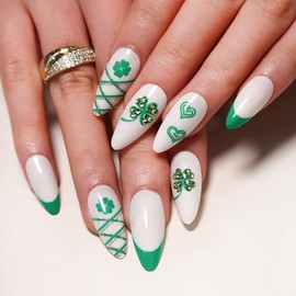 St. Patrick's Day Press on Nails Medium French Tip Almond Fake Nails Full Cover False Nails with Shamrocks Designs Glossy White Acrylic Nails with Rhinestones Artificial Nails for Women Girls