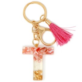 Rohans Pink and Gold Resin Alphabet Initial Letter Keychain, Bag Charm, Key Ring with Lobster Clasp (T)