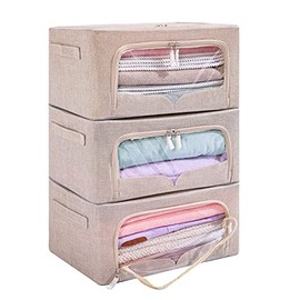 3 Pack Clothes Storage Bins - Foldable Metal Frame Storage Box - Stackable Linen Fabric Container Organizer Set with Carrying Handles and Clear Window (Beige, 15.7x11.8x7.8inch(22L))
