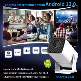 Mini Projector with WiFi and Bluetooth, Native 1080P, 180° Rotation Stand Smart Projector, 150" Portable Projector with Android TV 13, 2.4G/5G, 300 ANSI Auto Keyston Outdoor/Home Movie,White