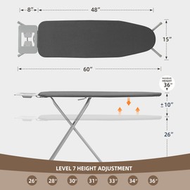 STO STO Ironing Board 48" x 15" with Iron Holder, 7 Height Options Up to 36", Full Size Foldable Iron Board with Removable Covers and Reinforced Steel Legs, Gray