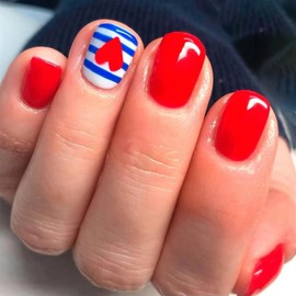 4th of July Press on Nails Short Square Fake Nails Extra False Nails with Heart Star Designs Glossy Glossy Glue on Nails Reusable Artificial Nails Full Cover America Nails for Women Girls Nail 24Pcs