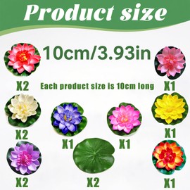 AHEJIOO 13 Stück Schwimmende Künstliche Seerosen mit Realistischen Lotusblättern, 8 Farben, Durchmesser 10 cm – Seerosen künstlich, Seerose Miniteich für Aquarium, Garten & Teich