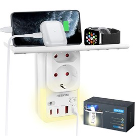 HEEKIM LED Night Light with Stand and Socket, Night Light with 2 USB-A and 2 USB-C and 2-Way Socket Adapter, Adjustable Automatic Light Sensor