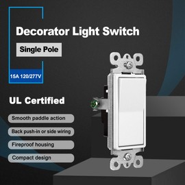 (20 Pack) CML Decorator Single Pole Light Switch, Rocker Paddle Wall Switch, 15A 120/277V, On/Off Interrupter, UL Listed, White