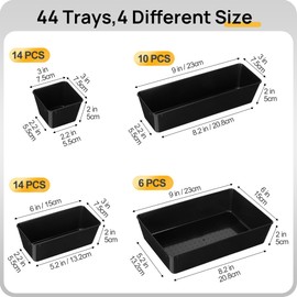 Vtopmart 44 PCS Plastic Drawer Organizers Set, 4-Size Versatile Bathroom and Vanity Organizer Trays, Non-Slip Storage Containers for Makeup, Jewelries, Bedroom，Kitchen Utensils and Office, Black