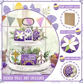 Guoofu Easter Tiered Tray Decor, Religious Tray Decorations Set, Purple Easter He is Risen Cross Church Lily Dove Wooden Sign, Rustic Easter Faith Decor for Home Table Shelf Mantel Party Holiday