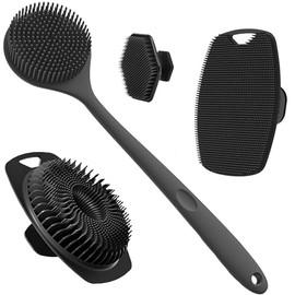 Juego de 4 Cepillos de Silicona para Baño, Incluye Cepillo Largo para Espalda, Cepillo Corporal, Cepillo para Lavar Cabello y Cepillo Limpieza Facial (Black6)