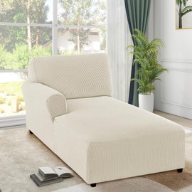 FantasDecor Left Chaise Lounge Cover Stretch Chair Lattice Slipcover with Armrests for Living Room Bedroom Left Arm Soft Jacquard Fabric Machine Washable, Beige,Left Chaise