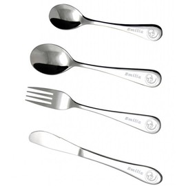 Kiddi-Media Children's Cutlery Set with Name Engraving and Zodiac Sign / 4 Pieces (All 4 Engraved with Name) / Stainless Steel / Engraving in Attractive Writing