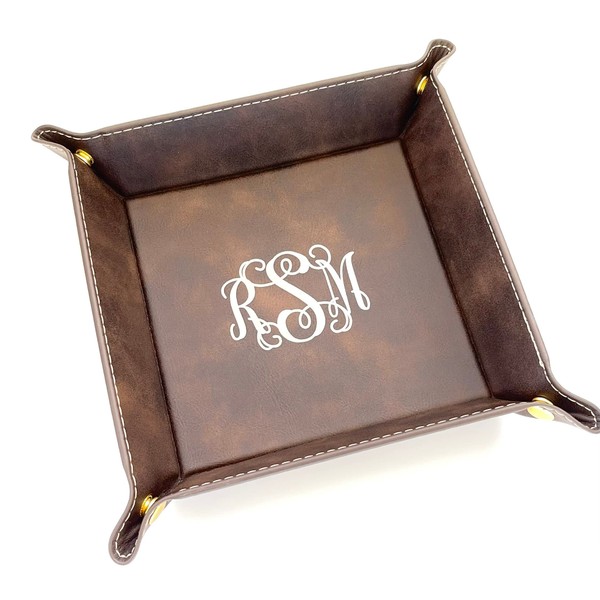 Monogrammed Tray Valet Jewelry Caddy (Rustic Brown with Gold)