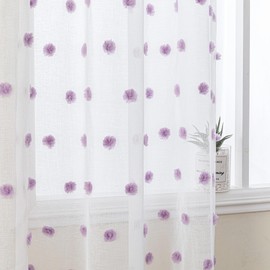 MYSKY HOME Short Curtains for Girls Bedroom Purple Pom Pom White Semi Sheer Curtains Kitchen Bathroom 54 Inches Long Curtains Nursery Boys Kids Room Rod Pocket 2 Panels Small Window 52" x 54"