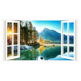Mountain 3D Wall Stickers Removable Mountain Lake Wall Decals 3D Fake Window View Wall Stickers Nature Landscape Scenery Wall Mural Decals for Living Room Bedroom Decor