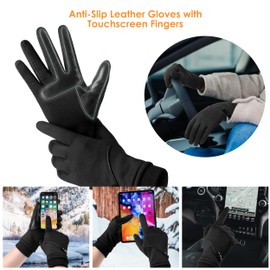 HOLDINA Women's Winter Warm Waterproof Gloves with Non-Slip Leather, Gloves Women's Touchscreen with Fleece Lined for Driving, Running, Cycling, Hiking, Carbon Black