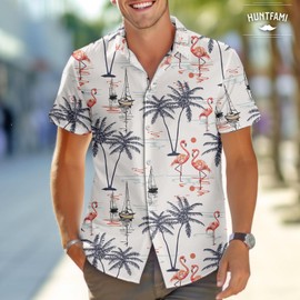 HUNTFAMI Tropical Short Slevee Button Shirt, Summer Shirt for Men Flamingo