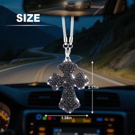 FALVFUN Bling Cross Car Rear View Mirror Hanging Ornament, Crystal Rhinestones Religious Vehicle Rearview Mirror Pendant Charm, Auto Interior Decoration Accessories, Universal Fit (Black)