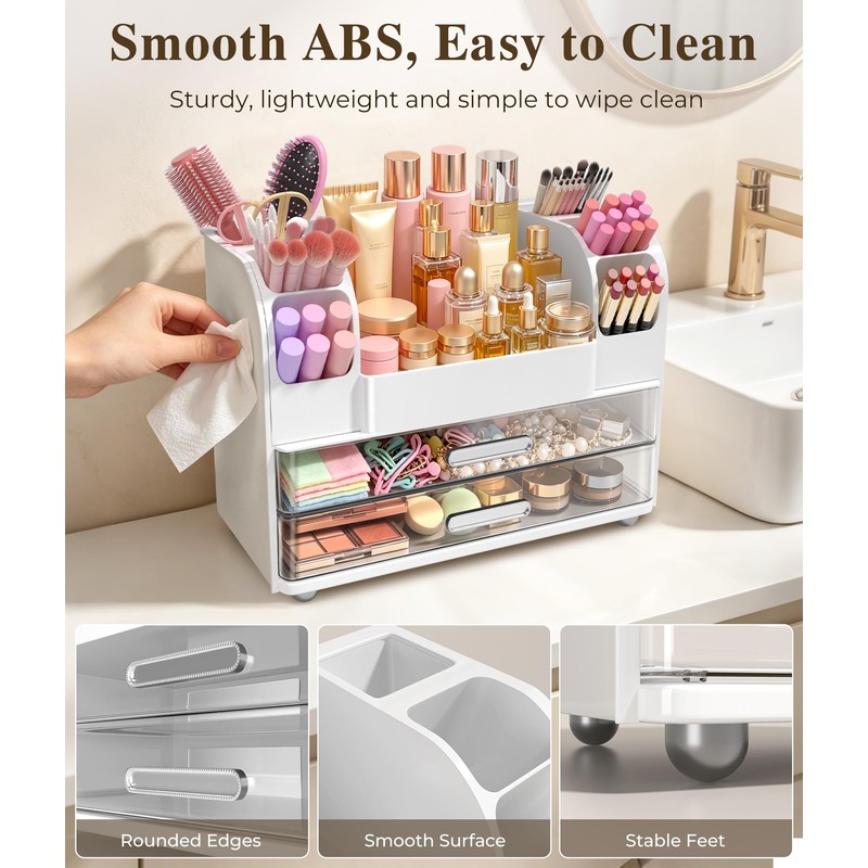 Makeup Organizer for Vanity,Countertop Cosmetic Organizer with 2 Clear Drawers