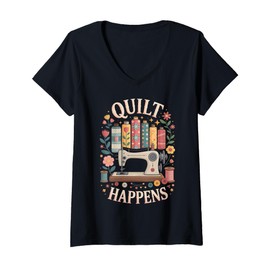 Womens Quilt Happens Quilter Funny Quilting V-Neck T-Shirt