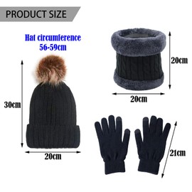 BDSHUNBF Beanie Hats for Women, Black Bobble Hat Gloves Scarf Set Girls, Thermal Warm Winter Hats for Women Outdoor Ski with Detachable Pom Pom, Gifts for Women Her Teenage Girls