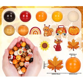 Whaline 245Pcs Fall Wooden Beads Rustic Farmhouse Craft Beads Autumn Maple Leaves Pumpkins Flower Shape Spacer Beads Natural Round Beads for Thanksgiving DIY Craft Making Bracelet Necklace Decor
