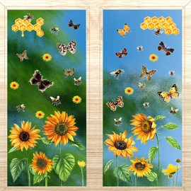 Sunflower Butterfly Window Stickers, Spring Summer Wild Flowers Window Clings, Double Sided Window Stickers for Office Home Doors Spring Easter Glass Decor, 9 Sheets in Total