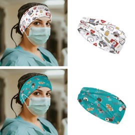 Gomyblomy Dog Print Nurse Headband with Buttons for Mask, Nurse Veterinarian Hair Bands Set of 2 Pcs Head Wrap Head Wear for Women Men Non Slip Elastic Sweatband for Working