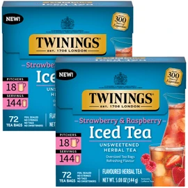 Twinings Strawberry & Raspberry Unsweetened Iced Tea 2-Pack – Oversized Herbal Teas, 72 Bags Per Box