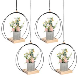 4 Pack Plant Hanger with Wood Base Hanging Window Planter Boho Macrame Hanging Potted Plant Holders for Indoor Outdoor Window Wall Ceiling Home Decoration, Pot & Sapling Not Included(Black) ﻿