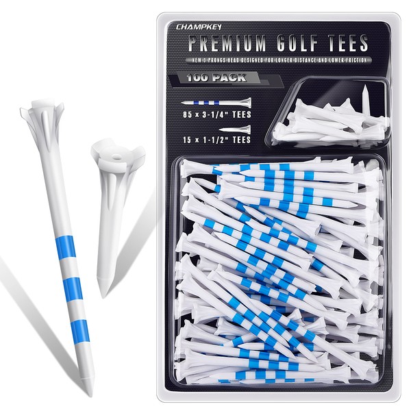 CHAMPKEY Premium Plastic Golf Tees 100 Pack | 85 Driver Tees with 15 Iron/Hybrid Tees Mixed Pack | Low Friction and Resistance Golf Plastic Tees (White, 3-1/4") (White, 3-1/4")