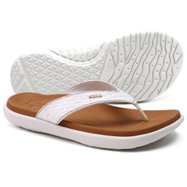 KuaiLu Flip Flops for Women Ladies Yoga Mat Comfortable Sport Walking Thong Sandal With Plantar Fasciitis Arch Support Slip-on Slides Indoor Outdoor For Summer Size 8.5 White Khaki