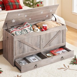 HOOBRO Storage Chest, 39.3" Toy Chest with Drawer, Wooden Storage Bench, Sturdy Entryway Bench Supports 220 lb, Safety Hinge, U-Shaped Opening, Easy Assembly, Greige BG710CW01G1