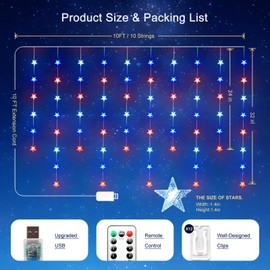 Star Curtain Lights Hanging Star Lights for Window Stars String Lights for Wall Décor USB Plug in 8 Modes Twinkle Fairy Lights for Christmas, Bedroom, Indoor, Outdoor, Weddings, Party (Red White Blue)