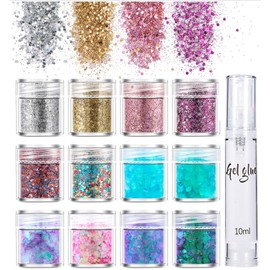 Body Glitter 12 Flaschen,Glitter Face Gel Set mit Pinsel & Gel, Funkelndes Schimmer-Make-up für Gesicht und Körper, Lang anhaltend,Party & Festival,Glitzer Gesicht Schminke Festival Zubehör Mit Kleber