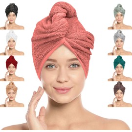 LOOM KNIT Hair Towel Wrap Lightweight Turban, Instant Drying 100% Cotton Hair Cap Super Quick Absorbent Anti-Frizz Twist Toweling Dry Hat with Button and Loop for Long Curly Hairs, 64 x 24CM, Peach