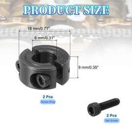 MECCANIXITY Bore 8 mm Double Split Shaft Collar 18 mm OD 9 mm Thickness Carbon Steel Locking Collar Clamp Style with Set Screw & Hex Wrench for Machine Tools Industry (Black, Pack of 2)