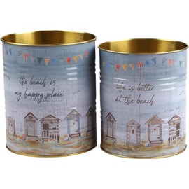 Multi Purpose Metal Storage Tins - Nautical Coastal Beach Hut - Set of 2