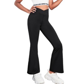 Zaclotre Girls Flare Leggings High Waisted V Crossover Casual Yoga Bell Bottoms with Pockets Pants for Kid Black