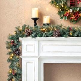 Glitzhome Set of 2 6FT Glittered Pinecones and Berries Christmas Garlands with 50 Warm White Lights and Timer for Holiday Party Hanging Christmas Decorations