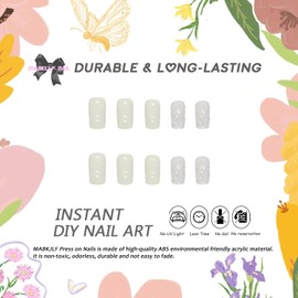 Press on Nails Short Square MABKJLF Fake Nails Milk White Full Cover Glue on Nails Glitter False Nails with Designs Glossy Stick on Nails Acrylic Nails Artificial Nails for Women Girls 24 Pcs