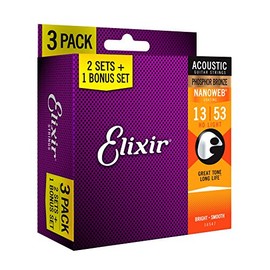 Elixir Strings 16547 cuerdas para guitarra acústica de bronce fosfórico con revestimiento NANOWEB, ligeras (.013 - .053), 3 unidades