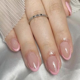 24Pcs Pink French Tip Press on Nails Short Almond Fake Nails Glitter French Nails Tip Acrylic Nails Oval Shape False Nails Full Cover Nude Pink Glue on Nails Reusable Glossy Stick on Nails for Women