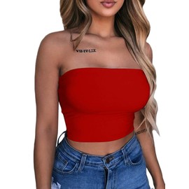 LAGSHIAN Women's Sexy Crop Top Sleeveless Stretchy Solid Strapless Tube Top Red