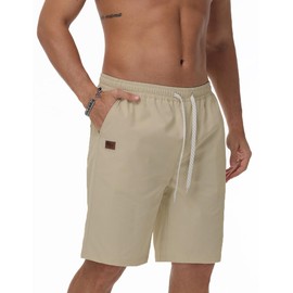 Demucy Men's Casual Shorts Summer Elastic Waist Drawsting Twill Chino Short with 4 Pockets for Golf Hiking Vacation Outfit Light Khaki L