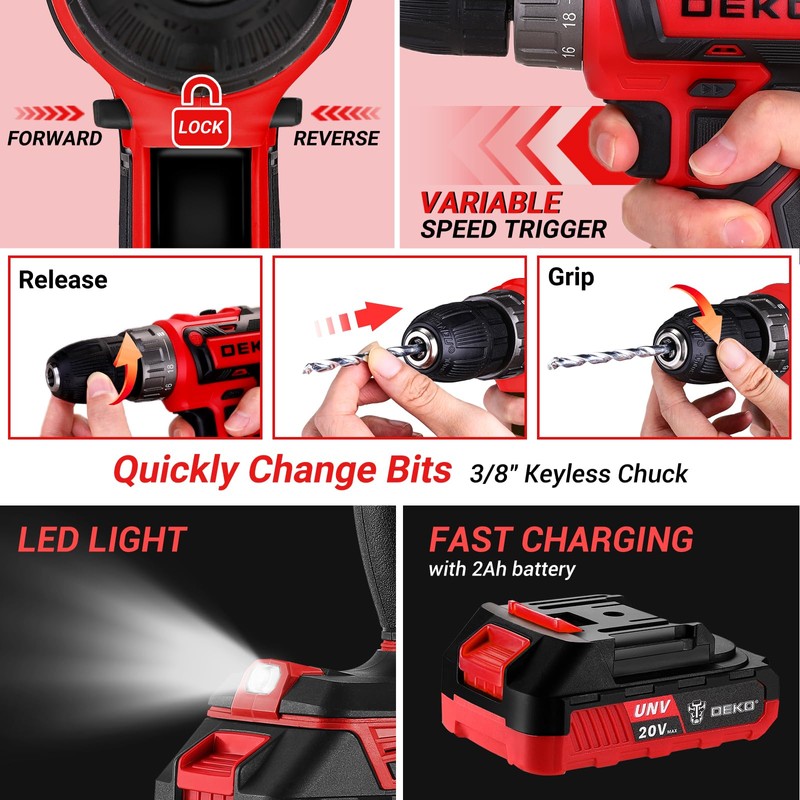 Red Drill Tool Kit Set: 20V Cordless Power Drill Tool