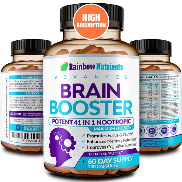 40-in-1 Brain Booster Supplements for Memory, Focus, Clarity, Energy, Performance | Natural Nootropic Brain Support Supplement with DMAE, Bacopa Monnieri & More | For Men & Women | 120 V Capsules