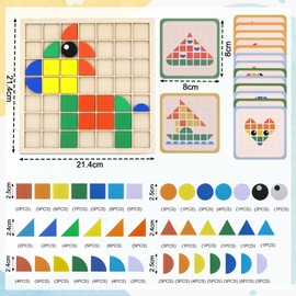 Huiguli 139 Pcs Colorful Wooden Puzzle, Montessori Tangram Educational Toys with 20 Pcs Design Cards, Geometric Manipulative Shape Puzzle Blocks, Creative Mosaic Puzzle for Aged 3+